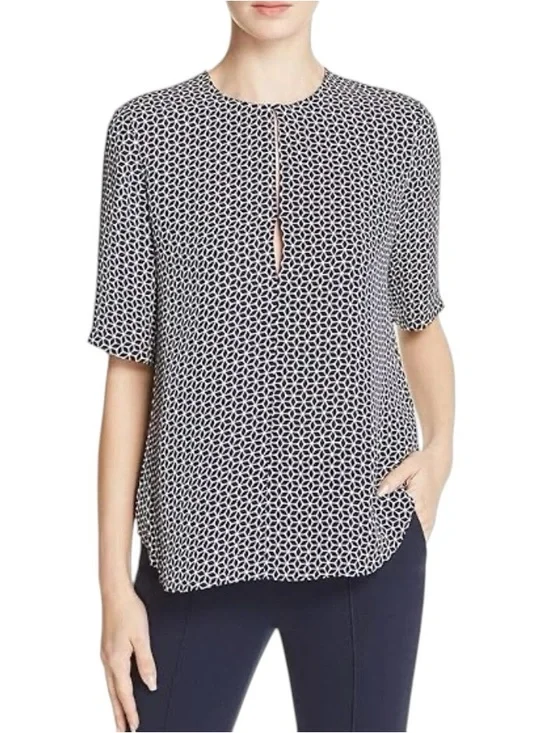 Theory Tile Antazie 100% silk Geometric Blouse Size P Navy/White - Picture 2 of 10